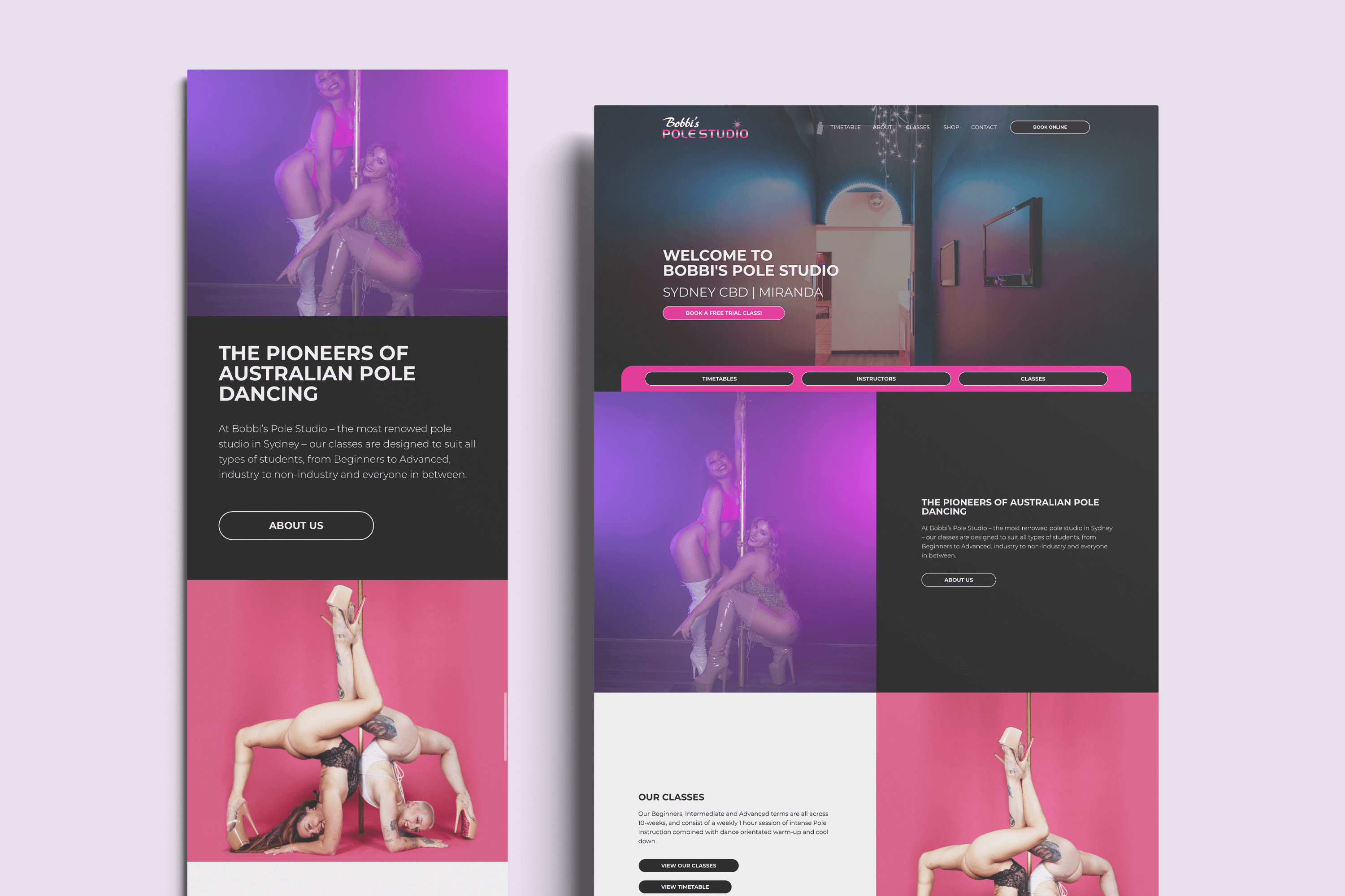 Bobbi's Pole pink, purple and black website mockups