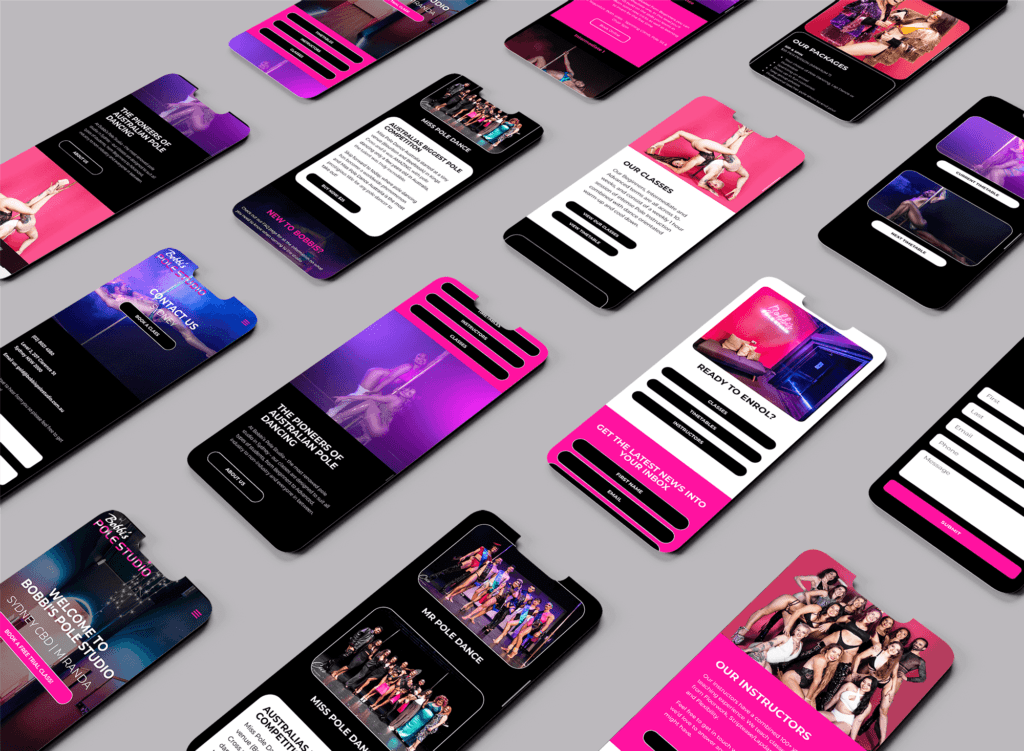 Bobbi's Pole pink and black mobile website mockups