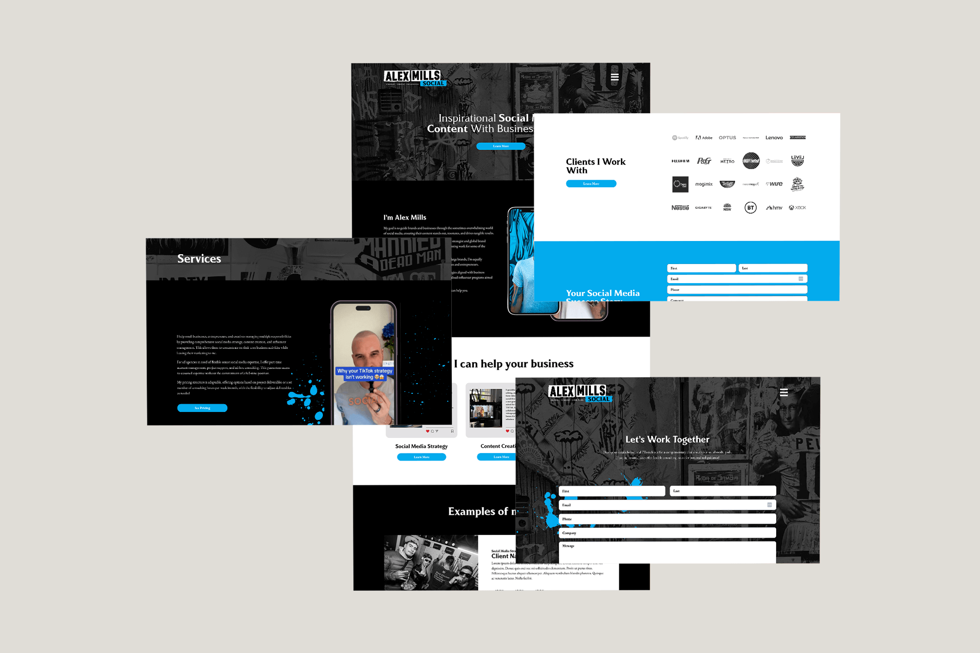 Alex Mills website design mockups